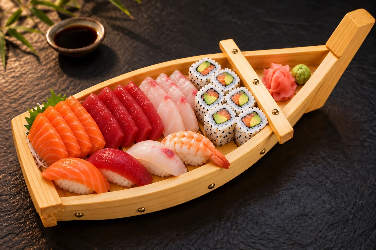 Wooden boat platter with sashimi, sushi and salmon avocado california rolls, ginger and wasabi.