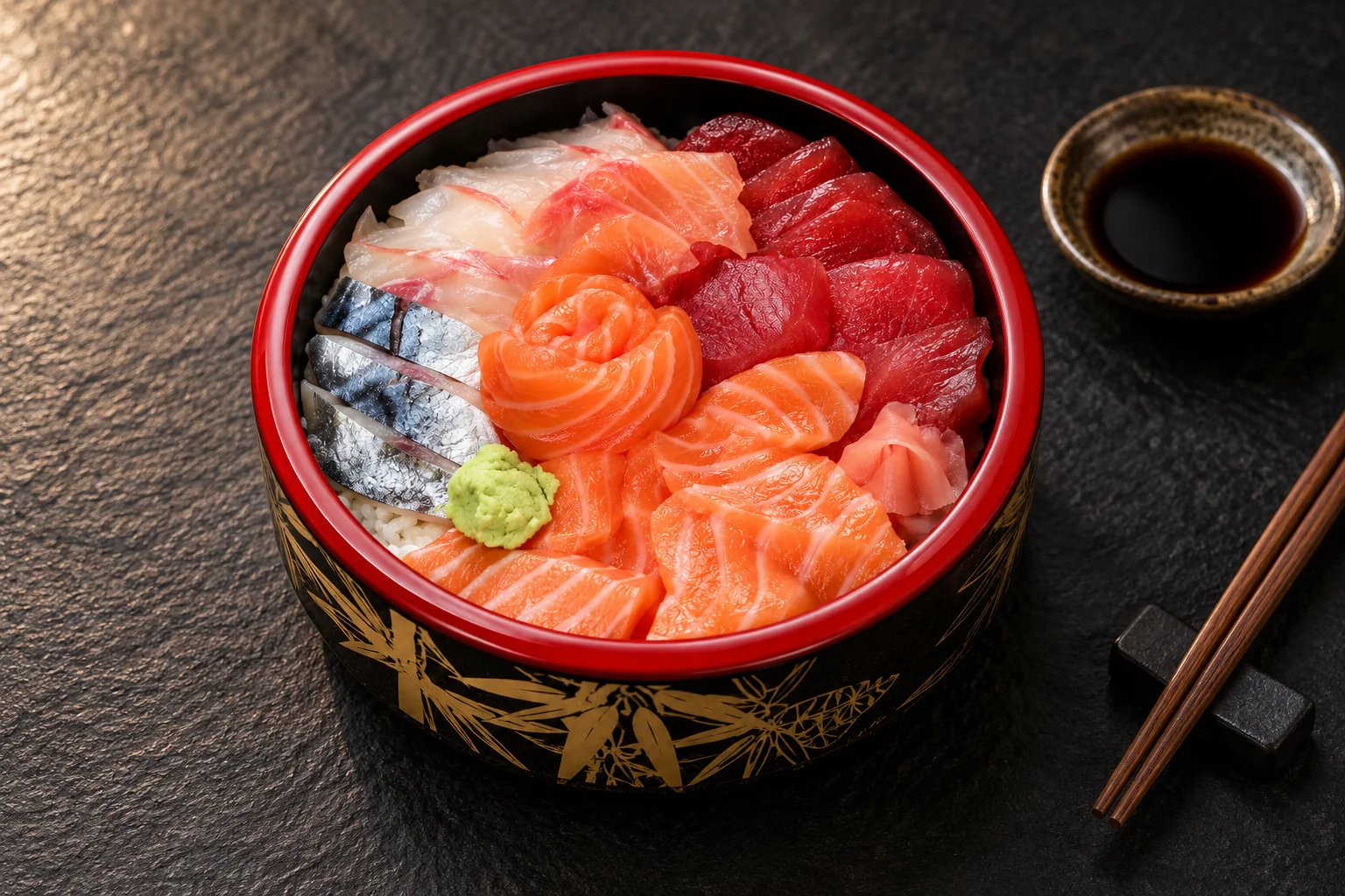 Red lacquer bowl of chirashi: slices of salmon, tuna, sea bream and mackerel on rice, with wasabi and ginger.