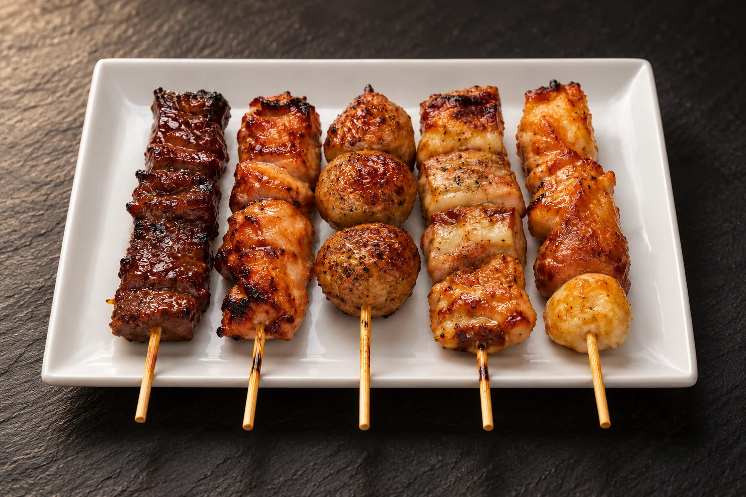 White plate with five grilled skewers: beef, chicken and chicken meatballs.