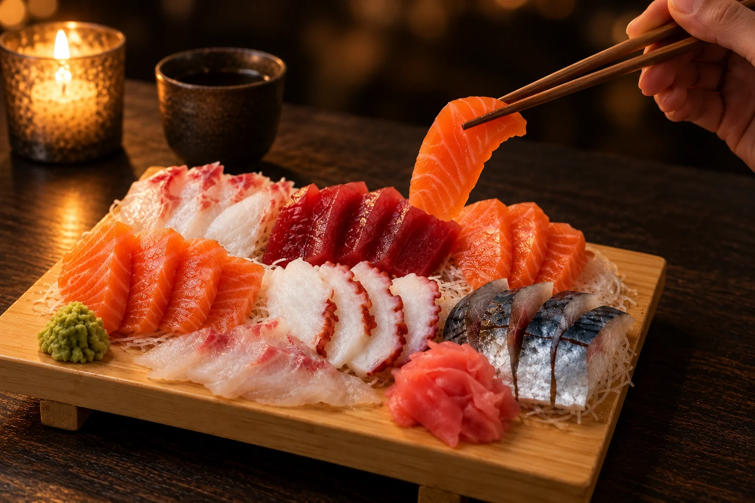 Sashimi platter by candlelight, a hand lifting a slice of salmon with chopsticks.