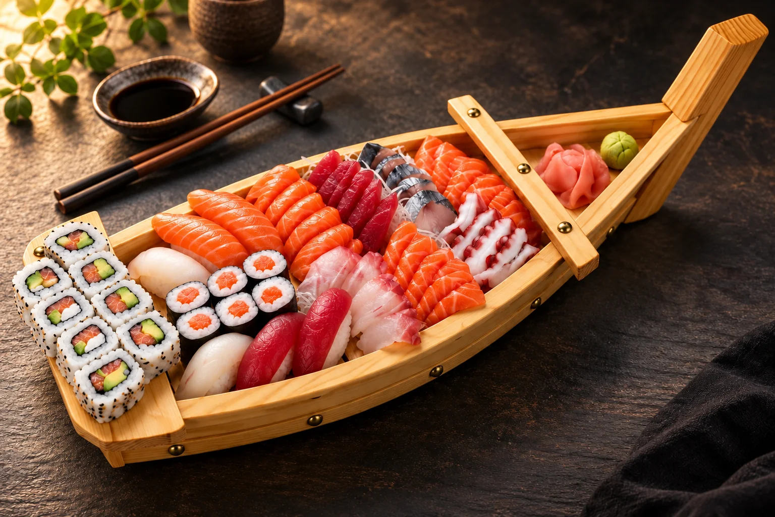 Wooden boat of sushi, sashimi, california rolls and skewers, with soy sauce and chopsticks.