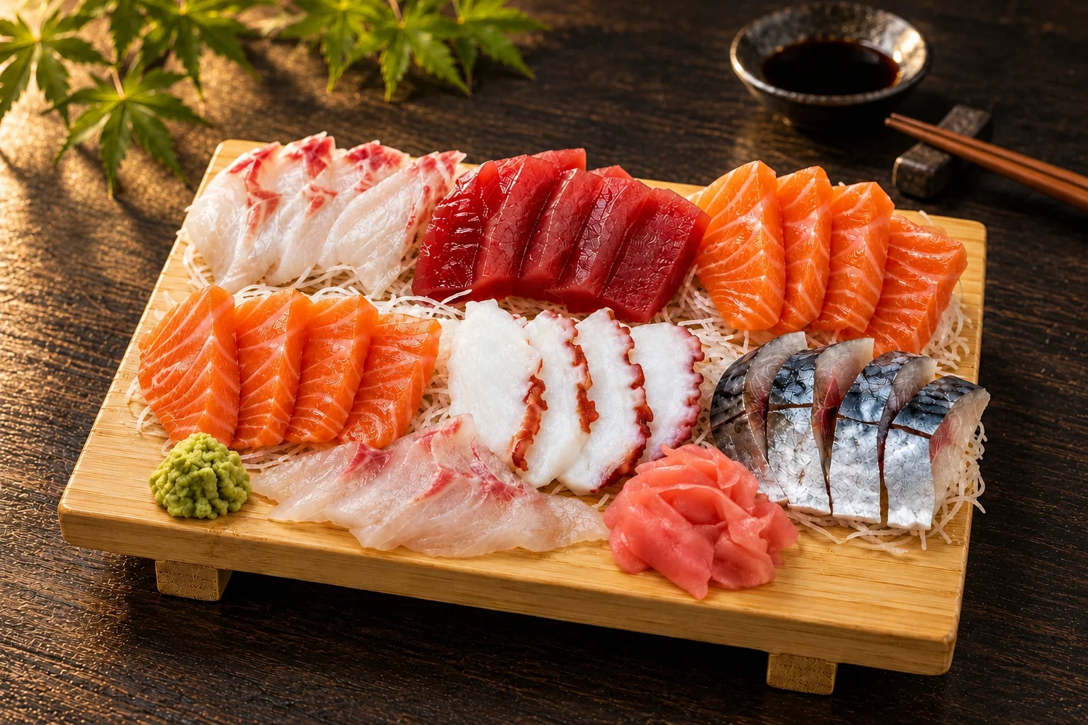 Wooden board of sashimi: salmon, tuna, sea bream, octopus and mackerel, with wasabi and ginger.