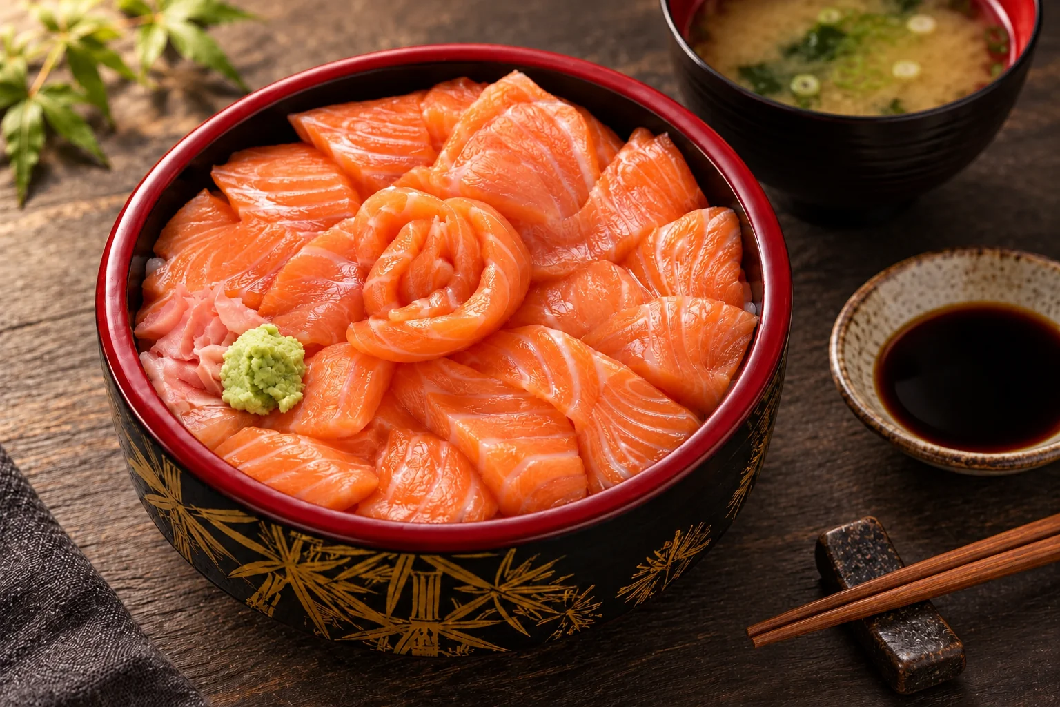 Red and black lacquer bowl filled with salmon slices, with a miso soup beside it.