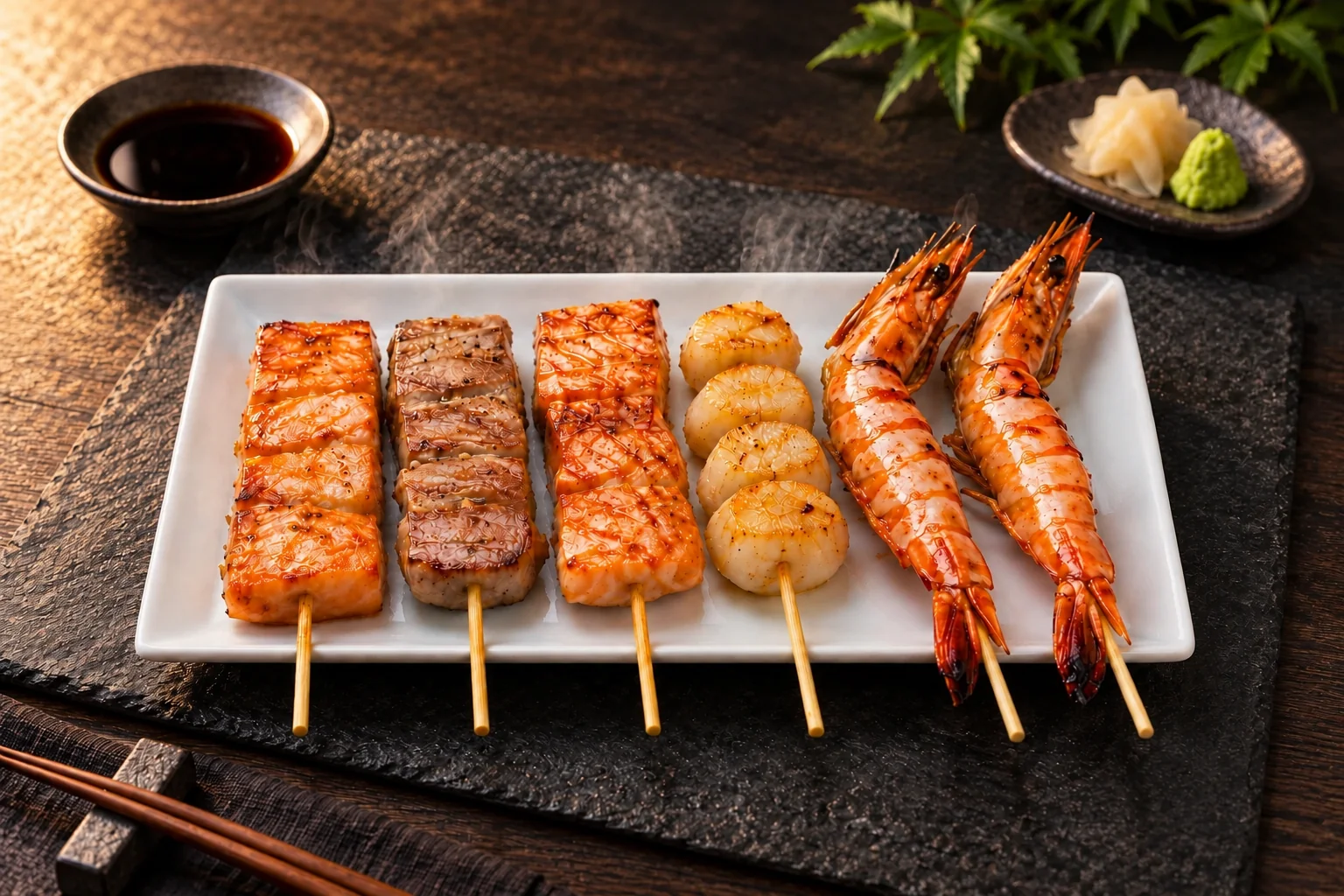 White plate of grilled skewers: salmon, tuna, scallops and king prawns.