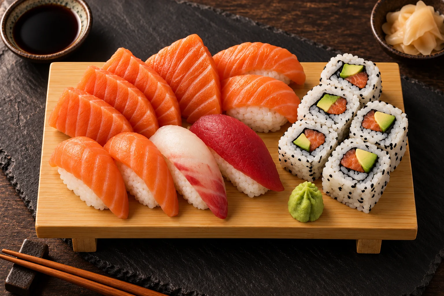 Wooden board of salmon, tuna and sea bream sushi and salmon avocado california rolls.