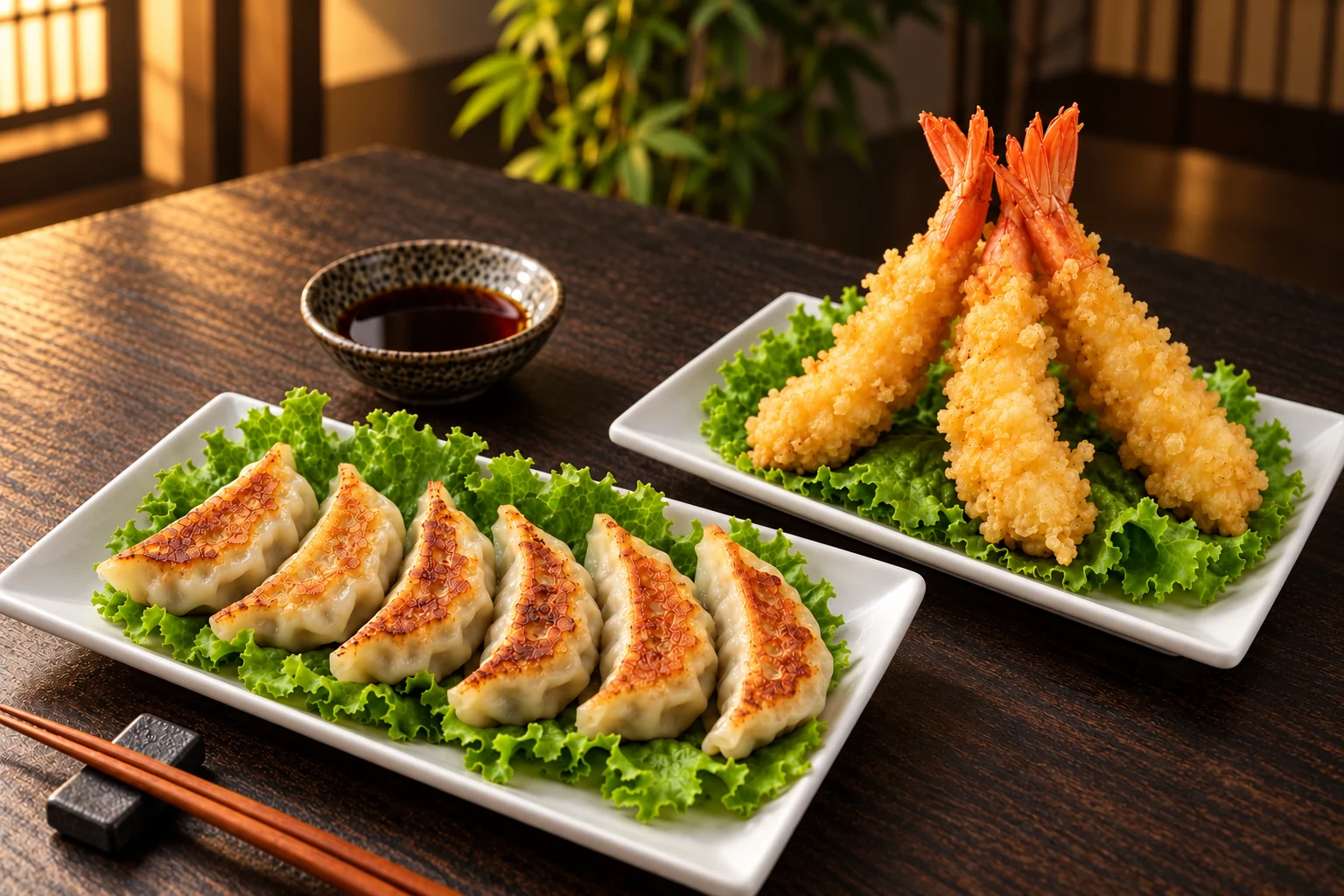 Two white plates: grilled gyoza and shrimp tempura on lettuce leaves.